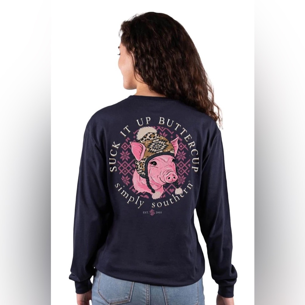 NWT Simply Southern blue pink pig graphic suck it up buttercup phrase t-shirt